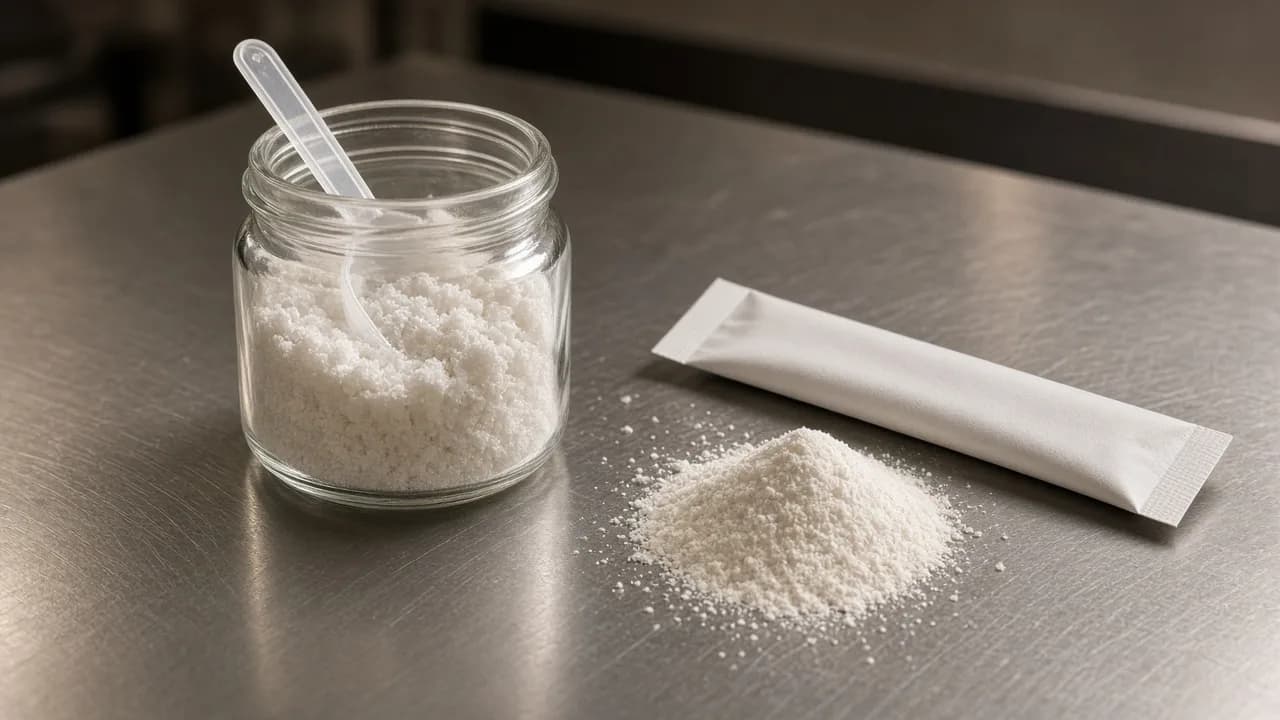 Creatine powder in a jar beside a finer hydration powder and stick