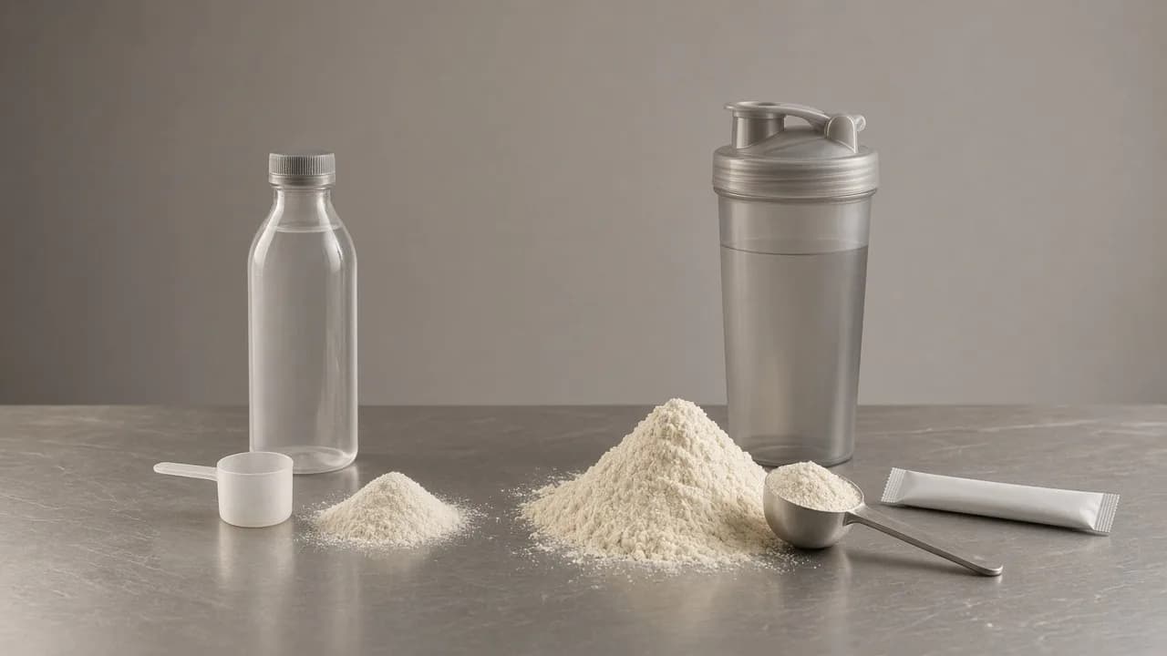 Daily bottle beside a heavier performance bottle, scoop and powder