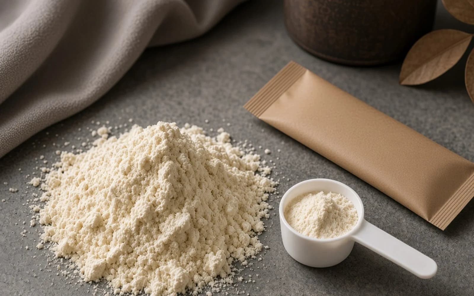 Milk protein powder in a dish beside a creamy shake sample