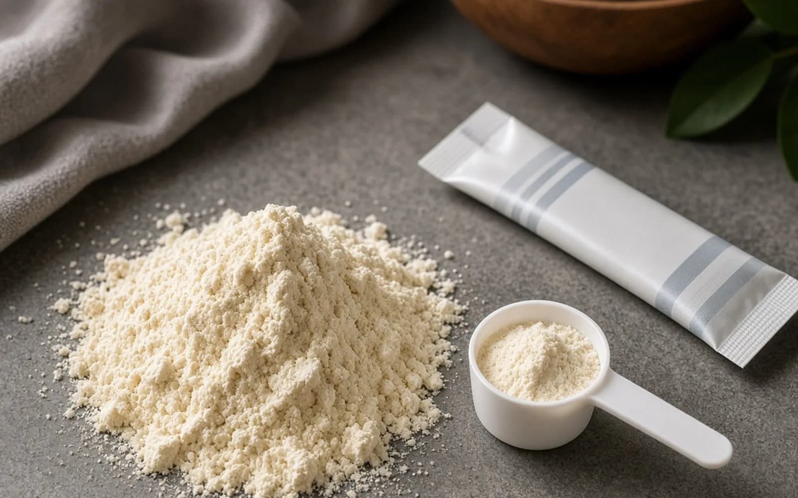 Two protein powders blended in dishes with a shaker and scoop