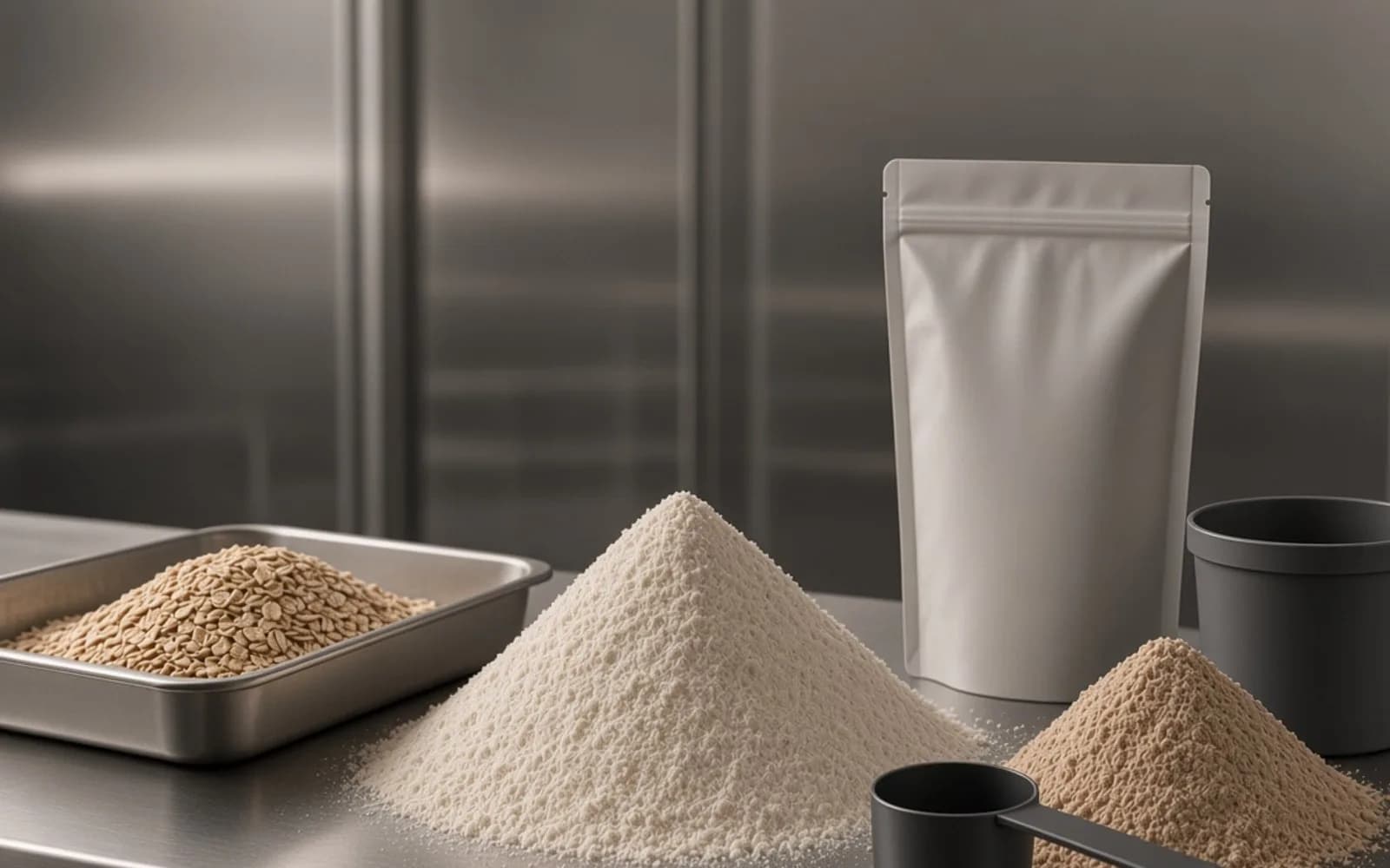 Protein pancake mix bag beside a small stack of plain pancakes