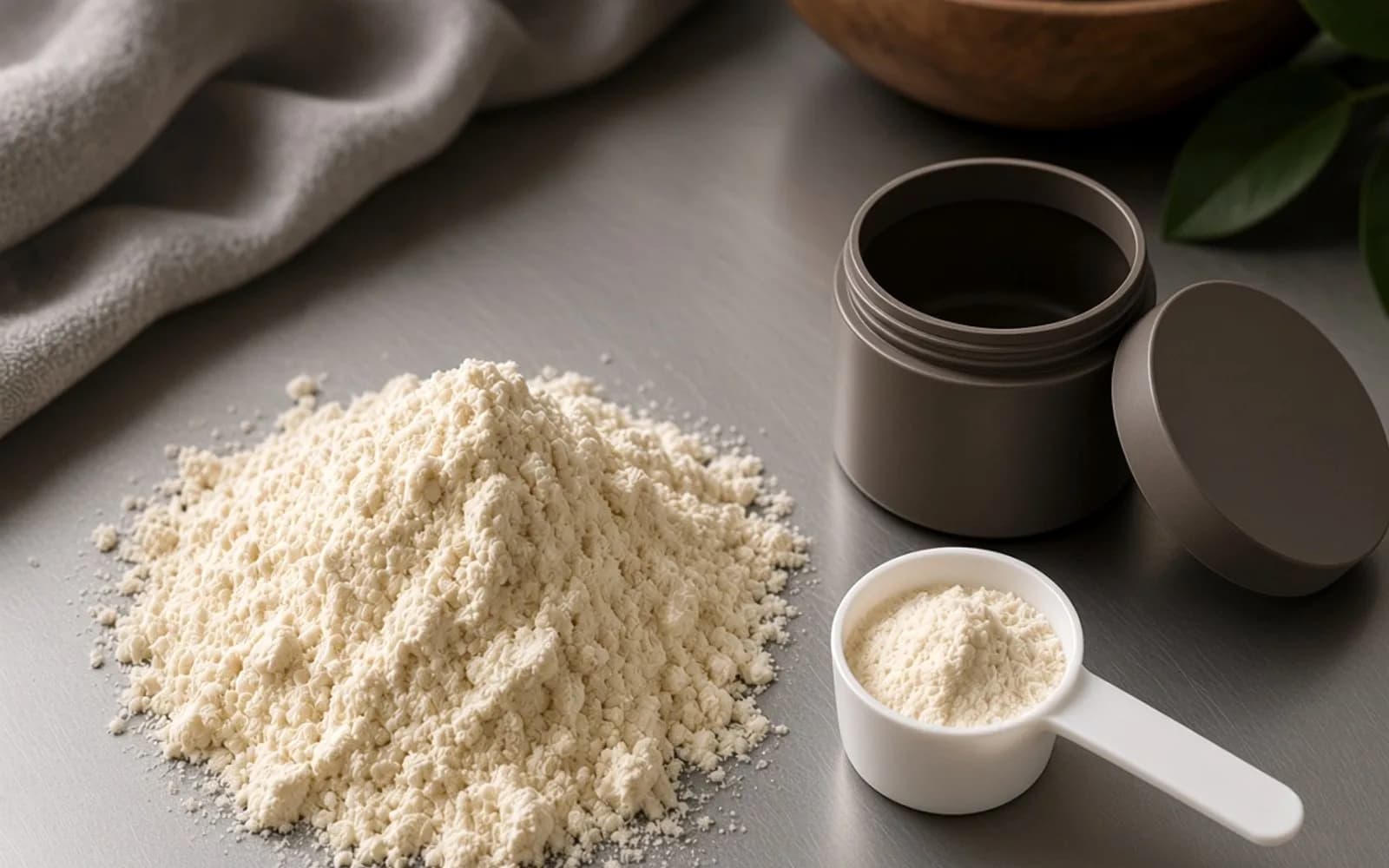 Three whey powder fractions side by side with a plain scoop