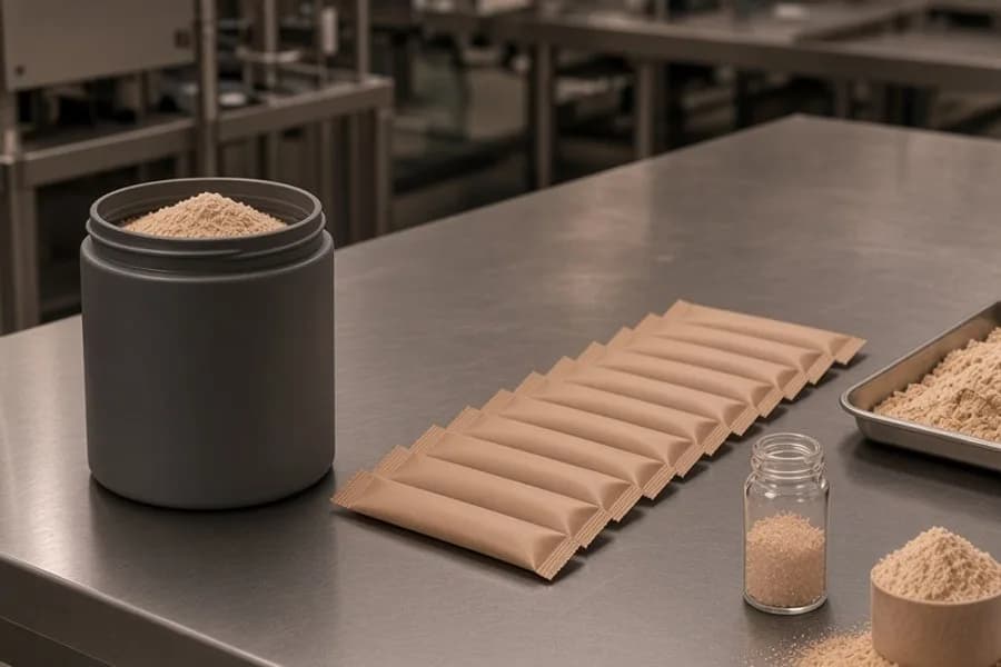 Crop of caffeine powder beside a paler theanine powder