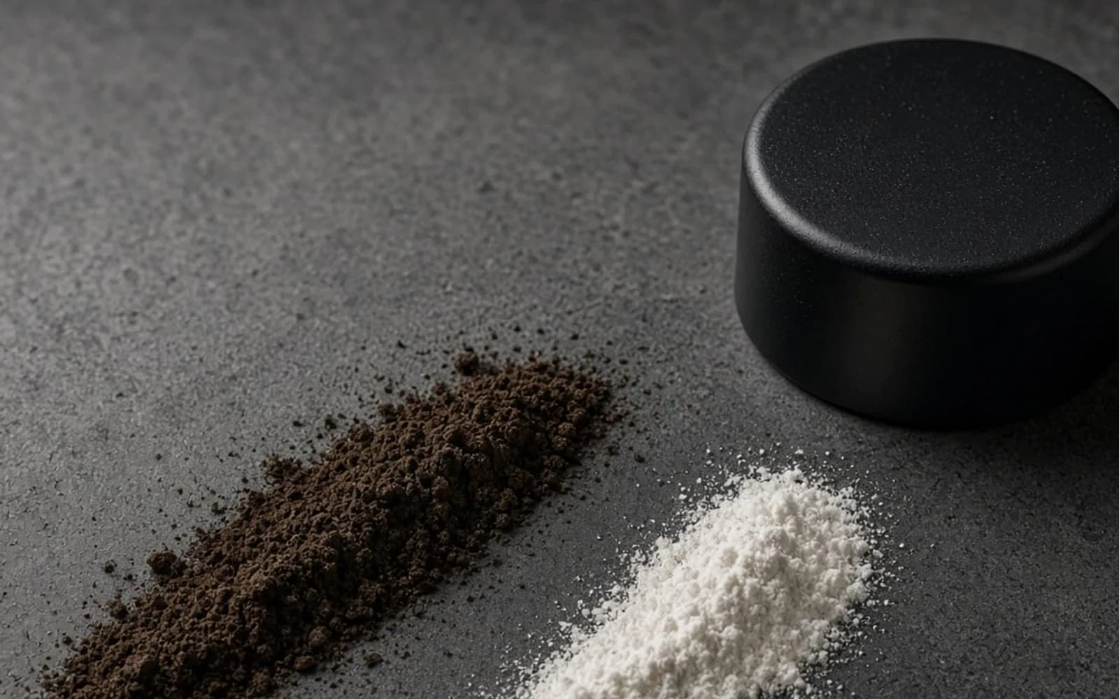 Dark caffeine powder beside a paler theanine powder and a stick pack