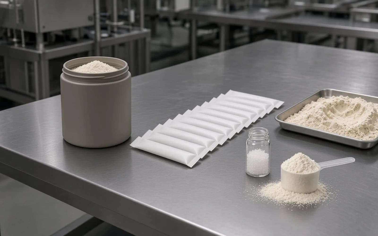 Fine focus powder, branded-style jar and a slim bottle on a bench