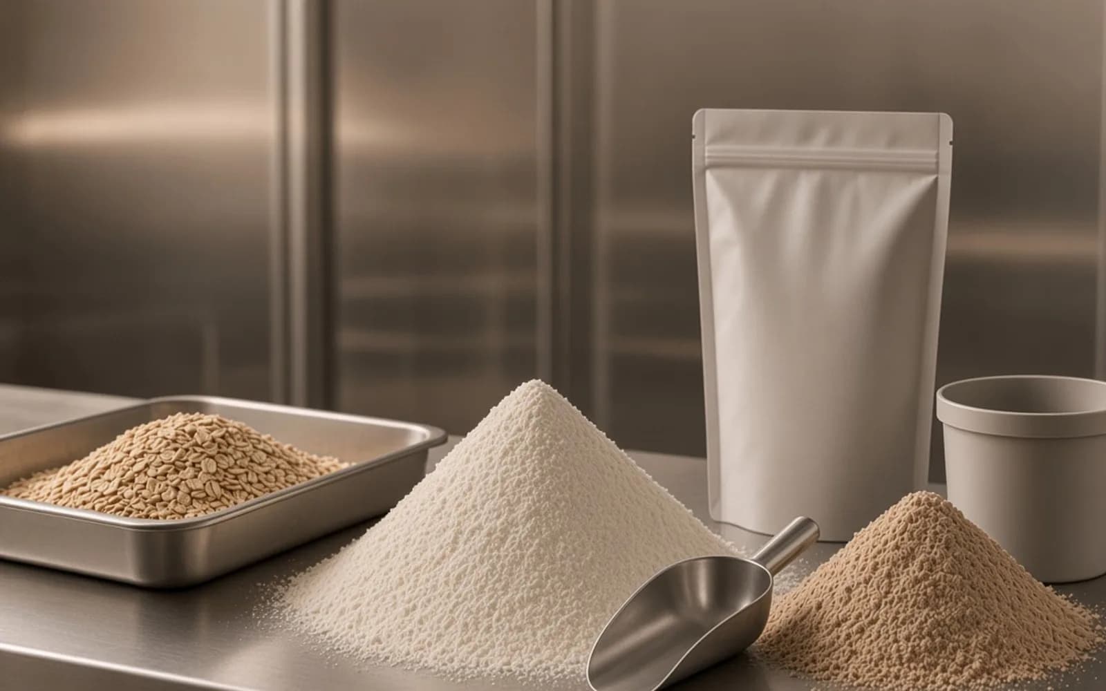 Fine rice powder, pouch and a warm bowl preparation on a steel surface