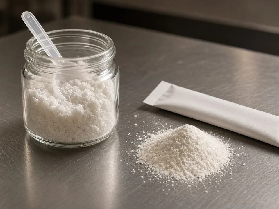 Crop of creatine powder and a hydration stick
