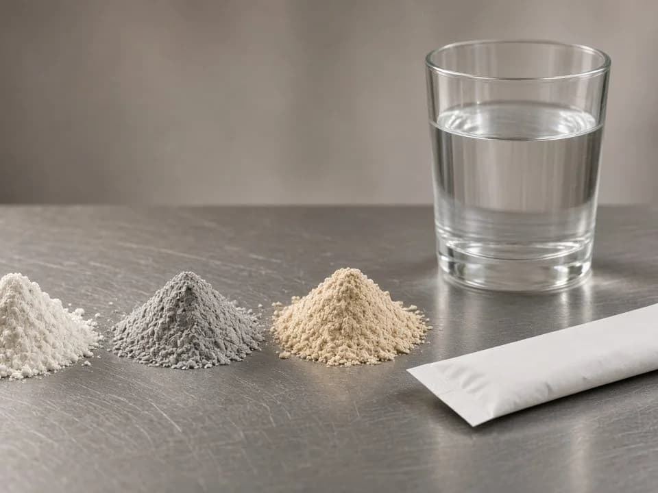 Crop of mineral powders, water and a stick pack