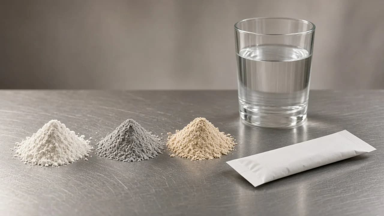 Mineral powders, water and a plain stick pack on a steel table
