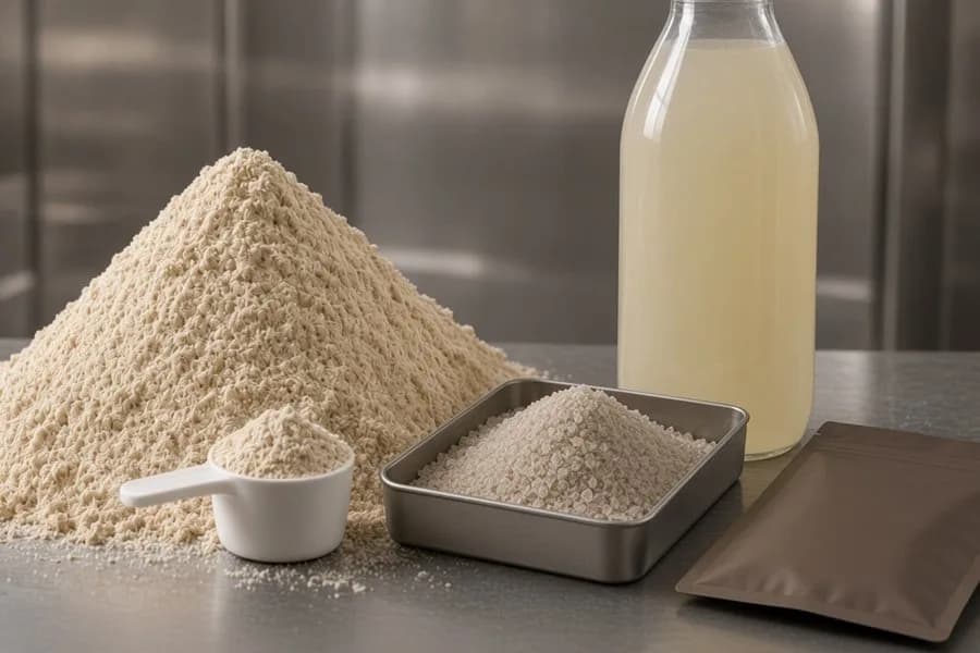 Crop of two hybrid powder fractions and a scoop