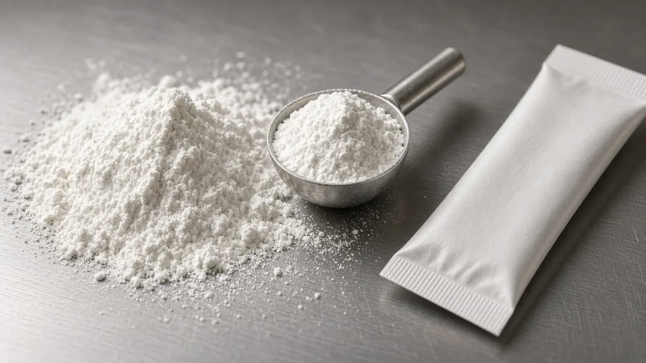 Fine mineral powder, dosing scoop and stick pack
