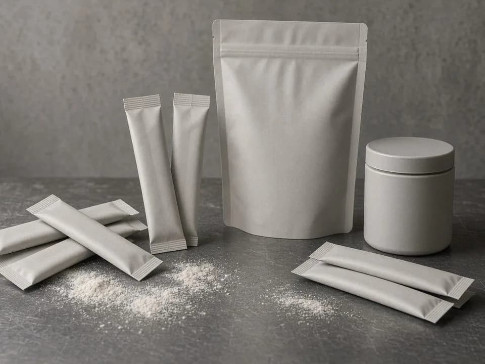 Crop of stick packs next to a pouch and tub