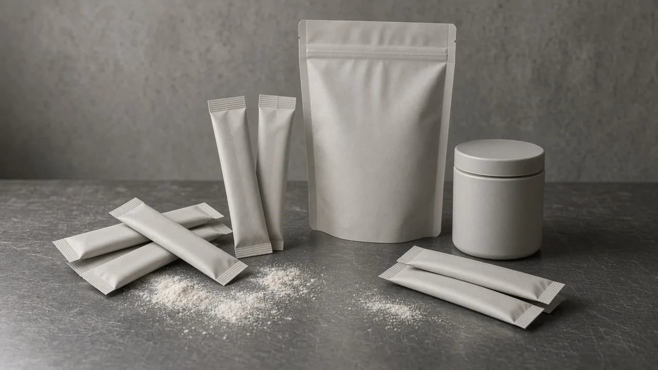Stick packs beside a pouch and a tub