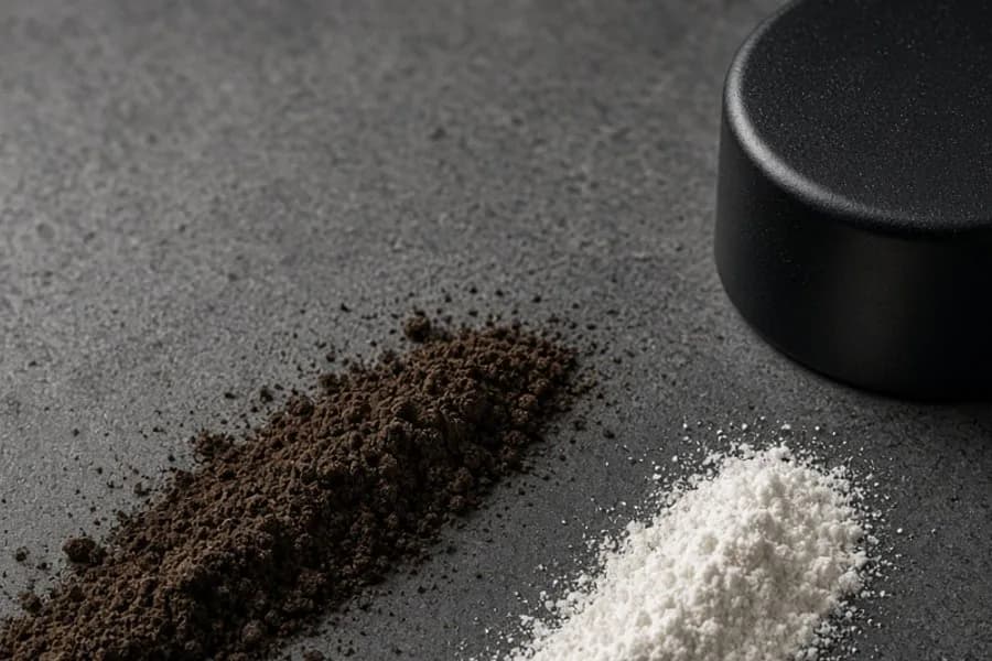 Crop of dark stimulant powder beside a pale powder