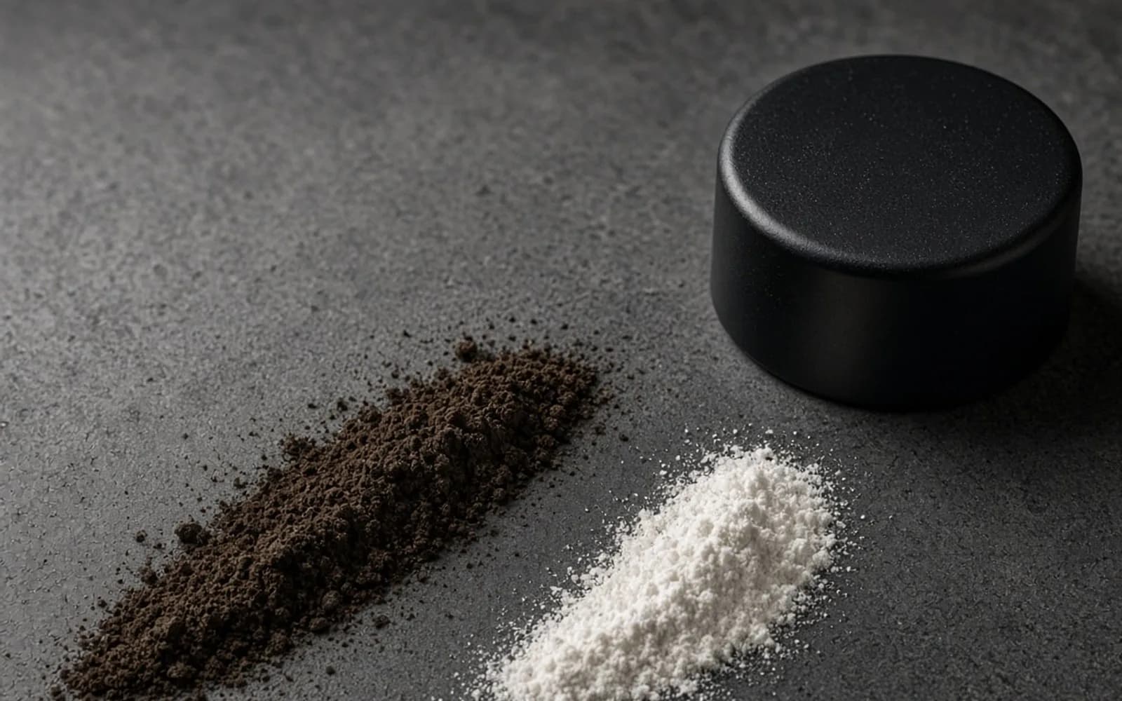 Dark speckled stimulant powder beside a paler stim-free powder