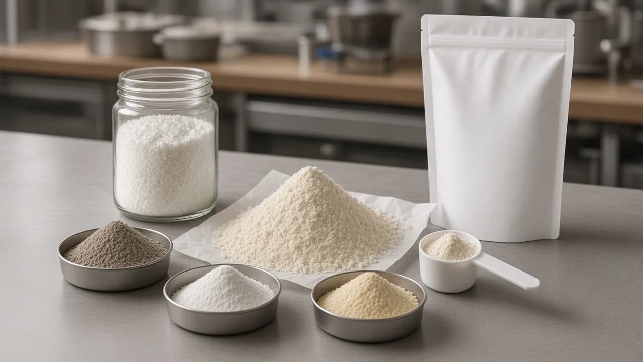 Meal nutrition pouch, shaker and measured powder on a steel surface