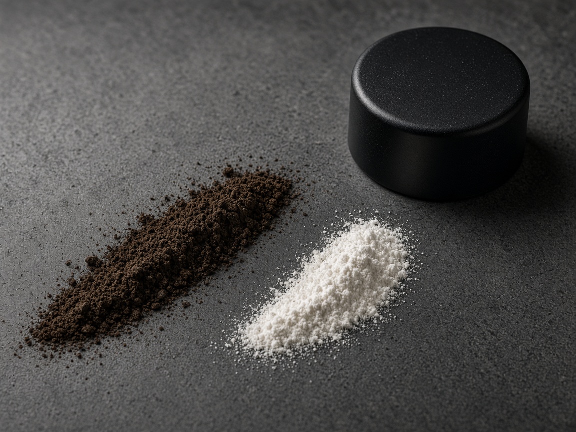 Dark speckled powder beside a pale electrolyte powder
