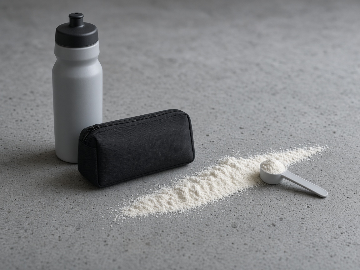 Slim bottle, pouch and a measured line of carbohydrate powder
