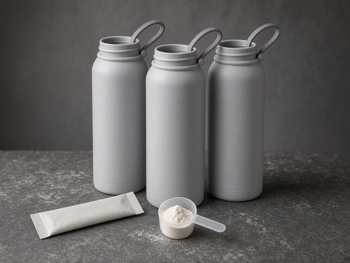 Three plain sports bottles grouped with a stick pack
