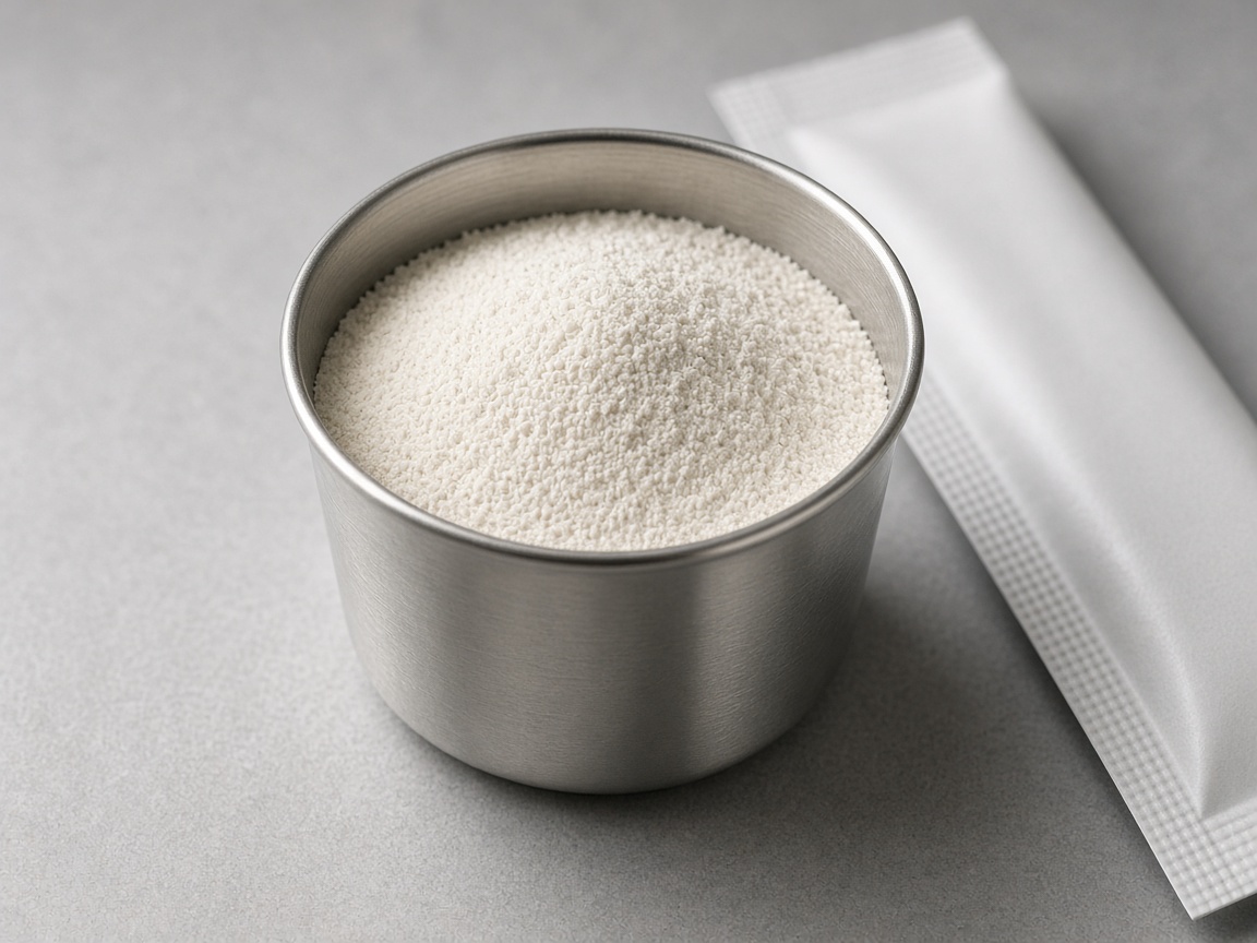 Fine sodium powder in a dosing cup with a stick pack