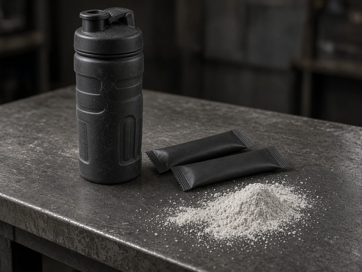 Rugged bottle and stick packs on a steel bench