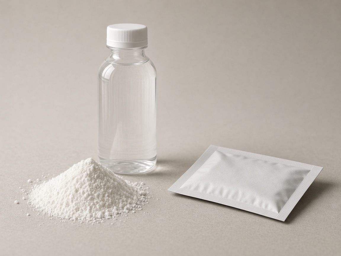 Small bottle, pale powder and a plain sachet