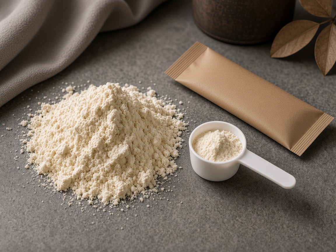 Milk protein powder in a dish with a creamy shake texture sample