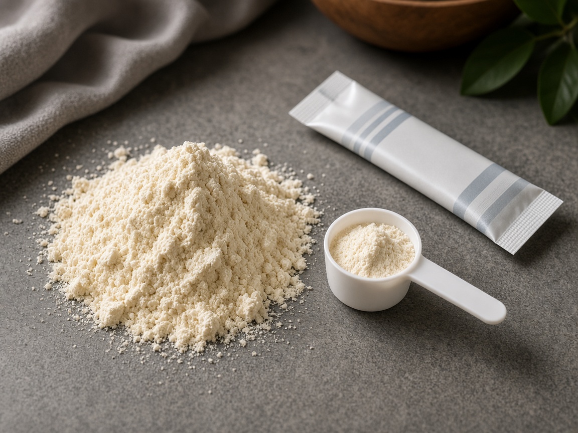 Denser protein powder beside an electrolyte stick