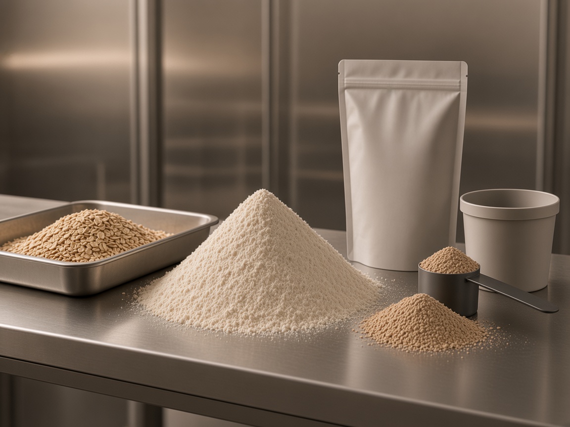 Protein oatmeal pouch beside oat flakes and a shaker
