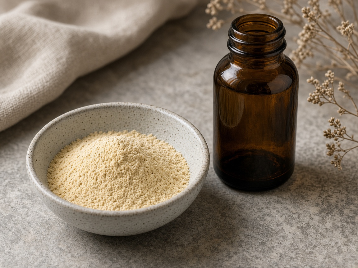 Electrolyte powder in a dish beside a small unlabelled bottle