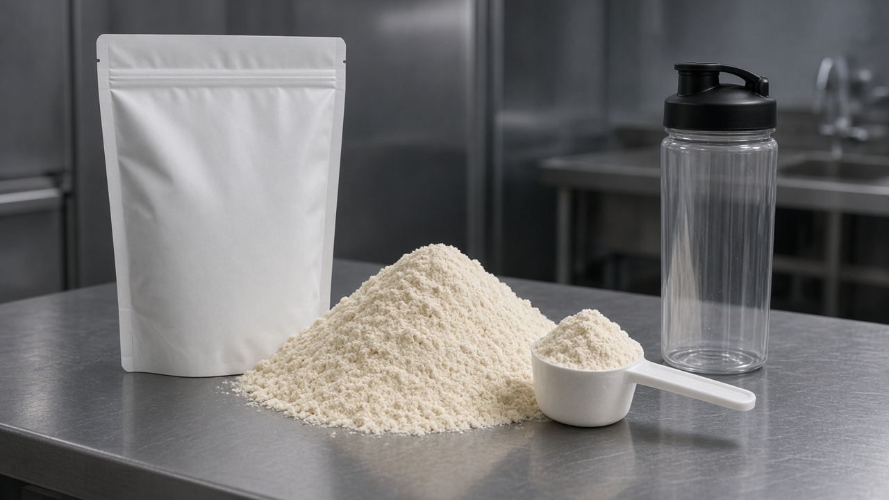 Large white pouch, pale carbohydrate powder, scoop and an empty sports bottle
