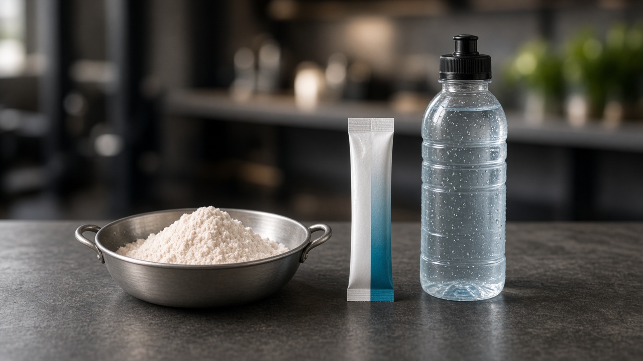 Amino powder, hydration stick and bottle on a long table