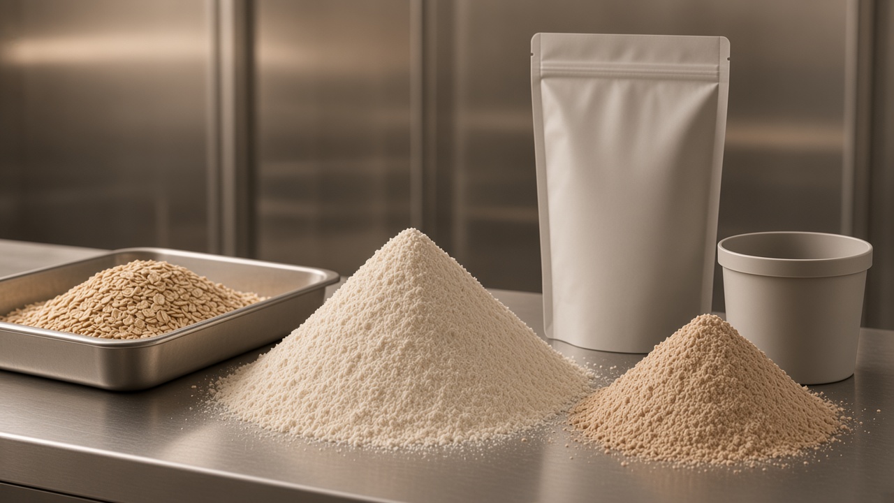 Cream of rice pouch, protein oatmeal tub and pancake mix bag on a prep bench