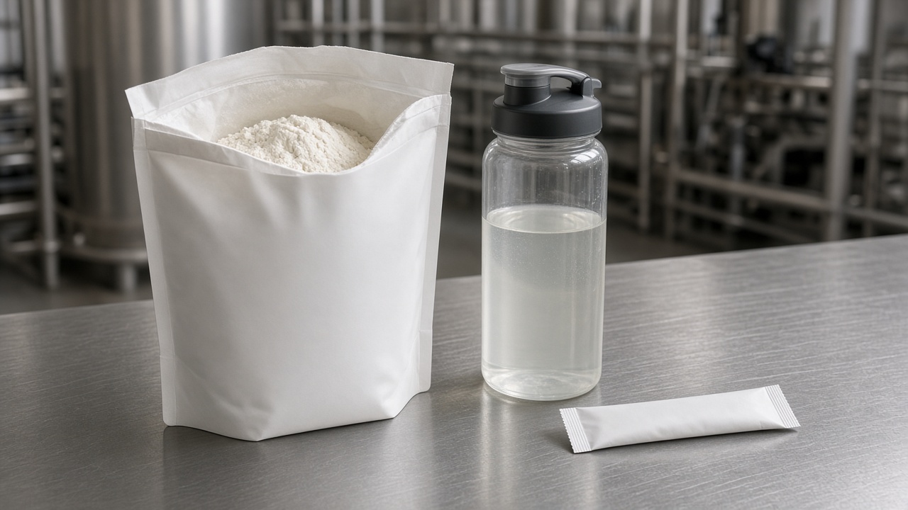 Open intra-workout pouch, pale powder, clear bottle and one stick pack