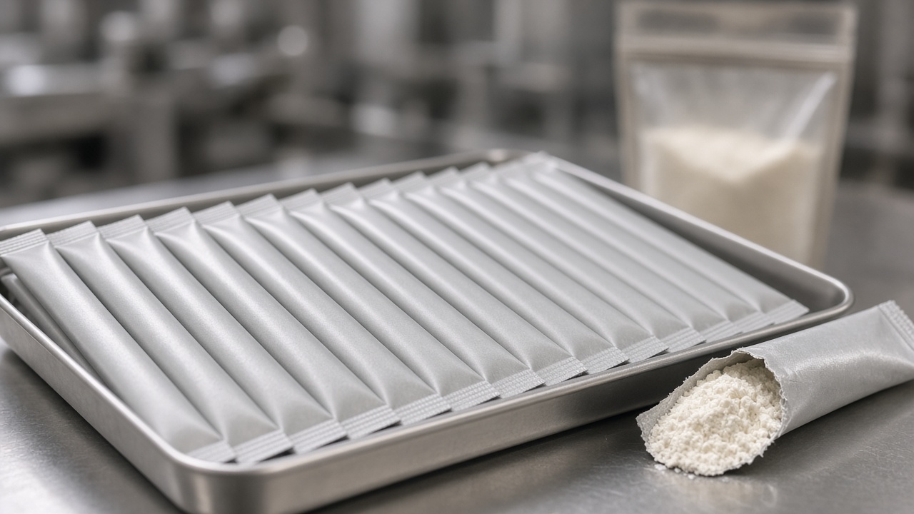 Row of plain electrolyte stick packs on a metal tray